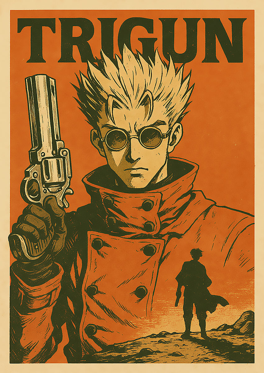 Dramatic Trigun style character artwork with vibrant orange background